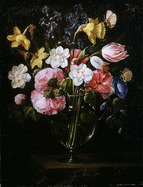 Clematis, a Tulip and other flowers in a Glass Vase on a wooden Ledge with a Butterfly